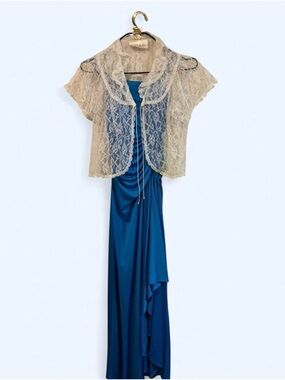 Vintage Roberta California Blue Draped Gown w/ White Lace Overlay